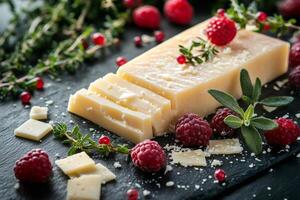 Sliced block of pecorino toscano cheese with raspberries, thyme and red currants on slate plate photo