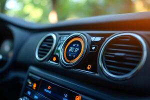 Modern car dashboard displaying air conditioning and temperature information photo