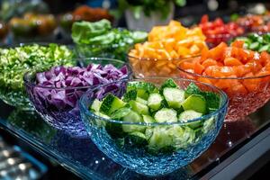Glass bowls overflowing with freshly chopped vegetables for healthy salad bar display photo