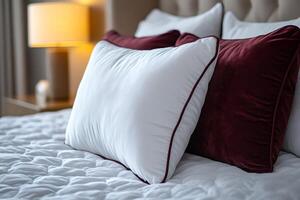 Comfortable pillows resting on a made bed in a cozy bedroom photo