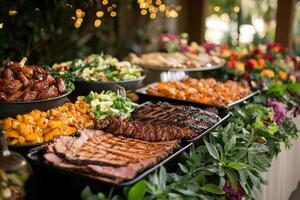 Buffet table decorated with greenery displaying delicious grilled meat and various side dishes photo