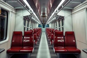 Empty subway car with red seats waiting for passengers photo