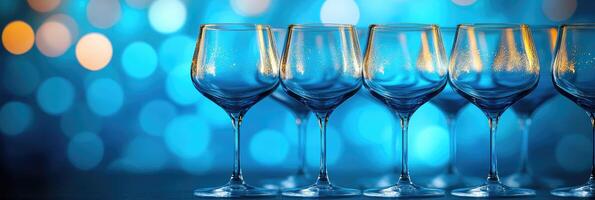 Empty wine glasses standing in a row on a blue bokeh background photo