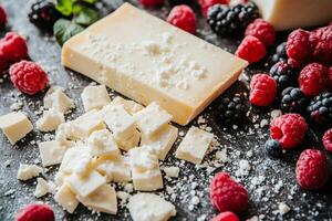 White chocolate chunks and block with fresh raspberries and blackberries on dark background photo