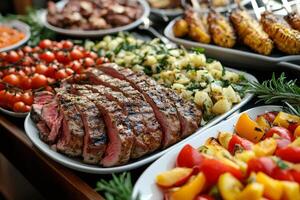 Sliced grilled beef tenderloin with roasted vegetables and potatoes for a festive meal photo