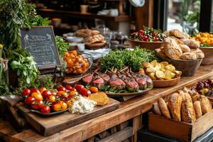 Buffet table displaying grilled lamb chops, bread, and vegetables photo