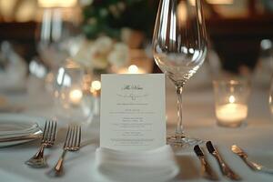 Elegant restaurant table setting menu displayed, waiting for guests to arrive photo