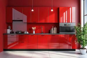 Modern red kitchen interior with retro fridge and table setting photo