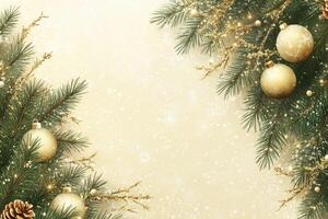 Christmas background with fir branches, golden ornaments and falling snowflakes creating a festive atmosphere photo