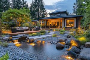 Modern house with illuminated garden featuring a small stream flowing through rocks and pebbles photo