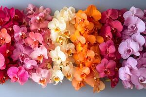 Colorful orchid flowers arranged in a gradient pattern creating a beautiful floral display photo