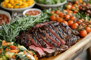 Sliced grilled beef tenderloin with cherry tomatoes and rosemary on wooden platter photo