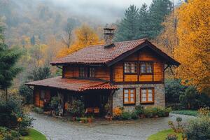Charming wooden house nestled in misty autumn forest photo