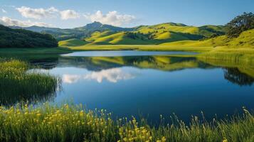 Calm lake reflecting green hills and cloudy sky in summer photo