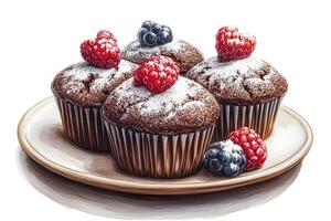 Delicious chocolate muffins with raspberries and blackberries topping and powdered sugar on a plate photo