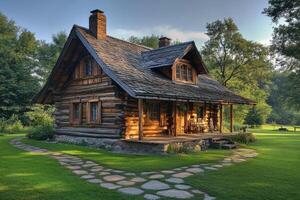 Log cabin nestled in serene nature setting with stone pathway leading to the entrance photo