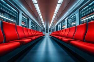 Empty modern subway car with red seats waiting for passengers photo