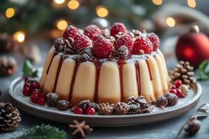 Delicious christmas pudding cake with raspberries, caramel and chocolate drizzle, garnished with redcurrant and pine cones photo
