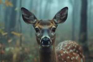White-tailed deer fawn looking at camera in foggy forest photo