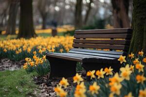 Empty bench surrounded by vibrant yellow daffodils in spring park photo