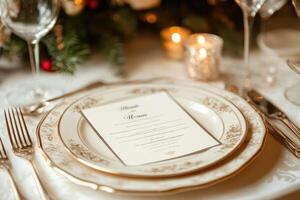 Elegant christmas menu resting on festive table setting photo