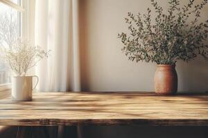Sunlight illuminating wooden table with flower vases near window with white curtain photo