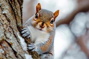 Eastern gray squirrel clinging to snowy tree trunk in winter forest photo
