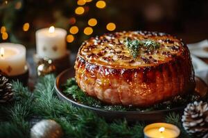 Delicious glazed christmas ham decorated with rosemary twigs on festive table photo