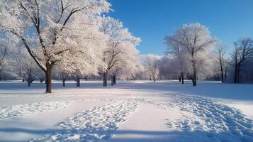Footprints covering snow in park with frost covered trees photo