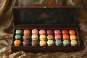 Colorful macarons filling an elegant wooden box on gold silk background photo