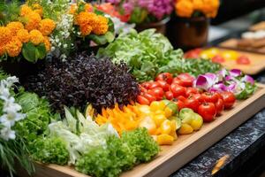 Fresh vegetables and flowers creating vibrant buffet display photo