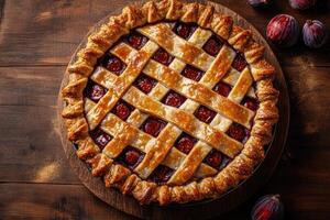 Delicious fig pie baking on wooden table with lattice crust photo