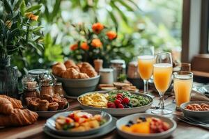 Delicious breakfast spread with croissants, fruit, and juice on wooden table photo