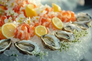Fresh oysters and shrimps lying on ice with lemon slices and flowers for catering photo