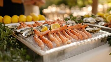 Fresh prawns and oysters lying on ice with lemon for outdoor catering event photo