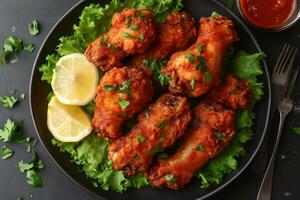 Crispy fried chicken wings served on fresh lettuce with lemon and parsley photo