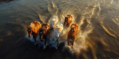 Herd of horses running in river at sunset photo