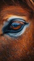 Chestnut horse showing brown eye and long eyelashes in close-up photo