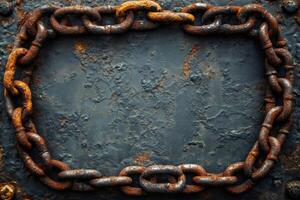 Rusty chain framing old weathered metal background creating copy space photo