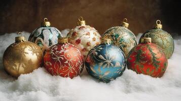 Colorful christmas ornaments resting on snow creating festive atmosphere photo
