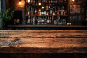 Empty wooden table top with blurred bar background for product placement photo