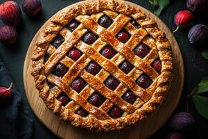 Delicious fig pie baking on wooden table with lattice crust photo