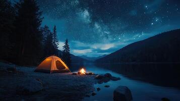 Illuminated tent and campfire by the lake under a starry night sky photo
