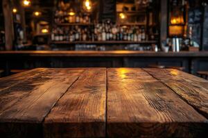 Empty wooden table in front of blurred bar counter with alcohol bottles displayed on shelves photo