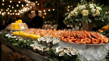 Delicious seafood buffet displaying oysters, shrimp, and lemon with festive string lights photo