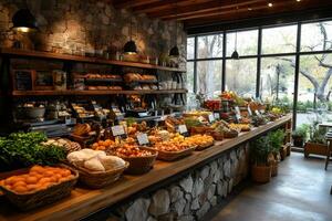 Fresh produce displayed on wooden counter in rustic store photo