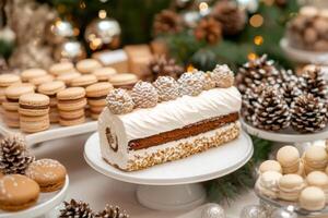 Delicious yule log cake and macarons displayed on christmas dessert table photo