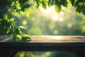 Empty wooden table with green leaves and bokeh lights background for product placement photo
