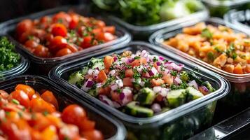 Plastic containers filled with chopped tomatoes, cucumbers, red onions, and parsley creating a healthy and vibrant display photo