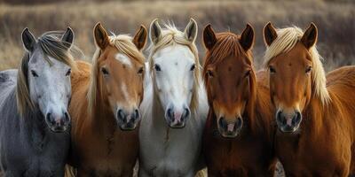 Five horses standing together in open field showing herd behavior photo